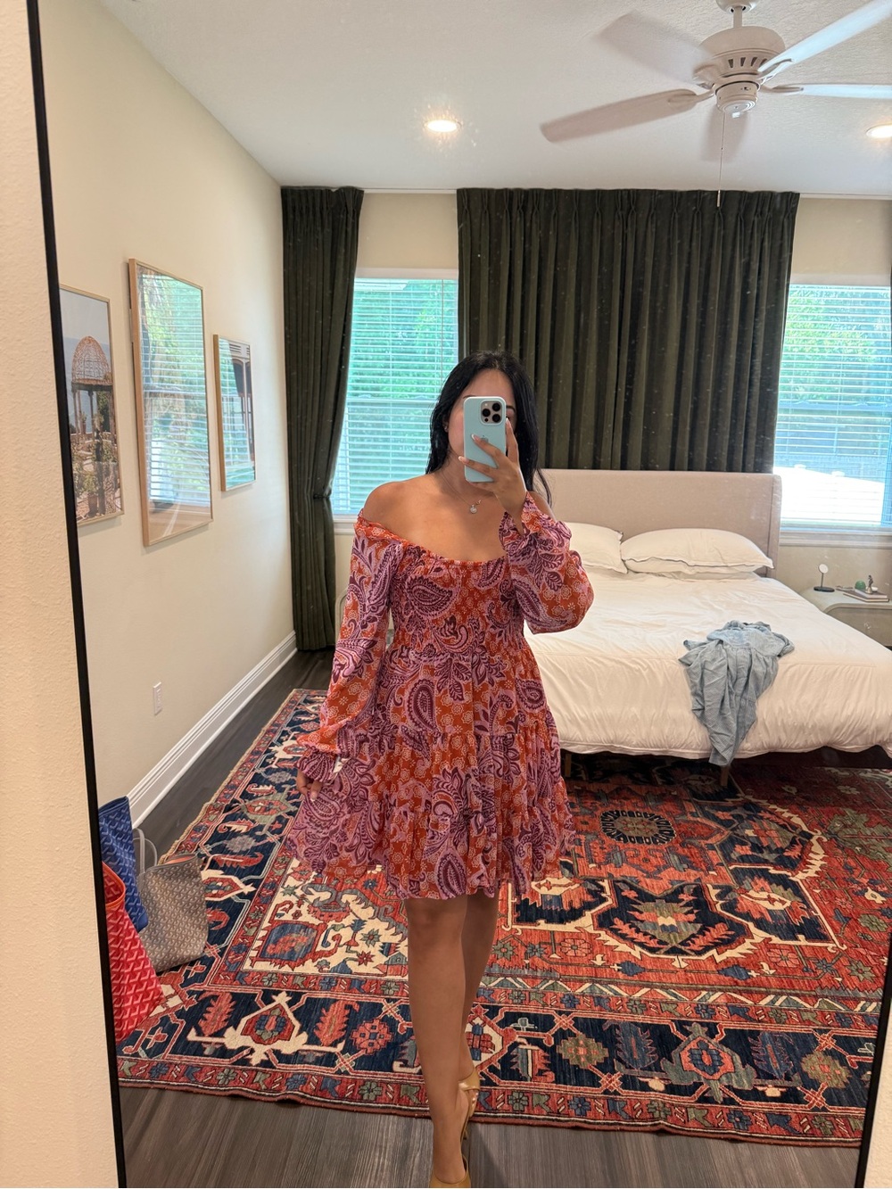 Off Shoulder Paisley Print Mini Dress Boho Tiered Ruffle Sleeve -YK2